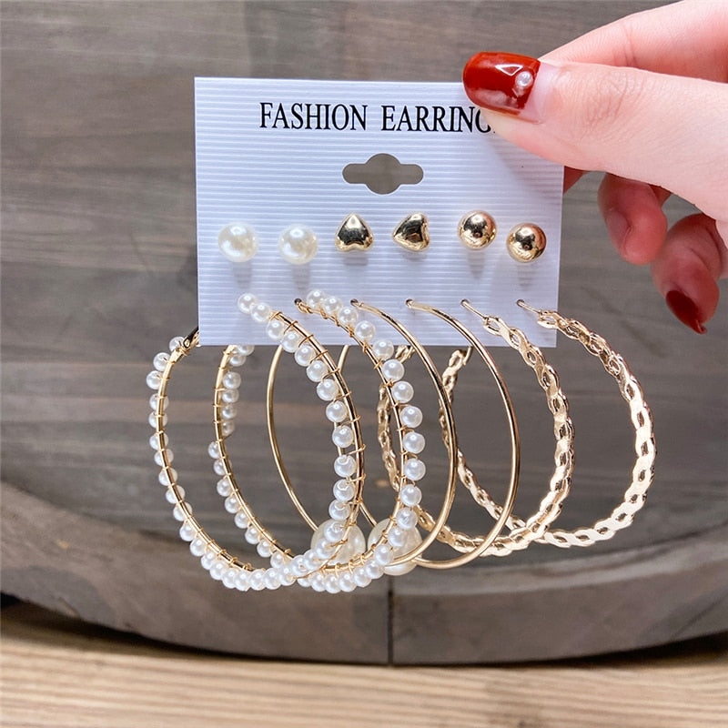 17KM Vintage Geometric Gold Metal Earrings Set For Women Punk Pearl Dangle Drop Earrings 2022 Trend Set of Earrings Jewelry