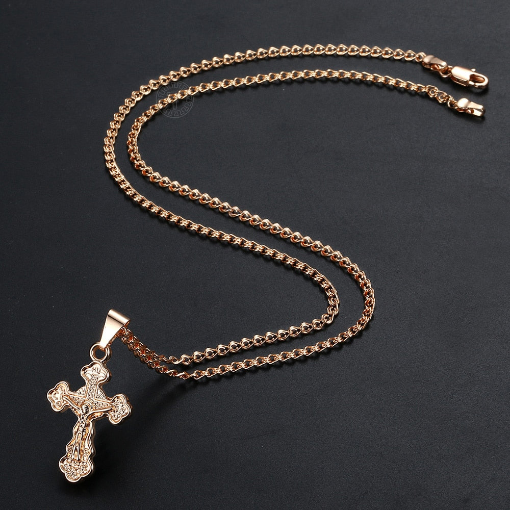 Cross Crucifix Clear Crystal Pendant Necklace for Men Women 585 Rose Gold Prayer Jesus Snail Link Chain Wholesale Jewelry GPM26