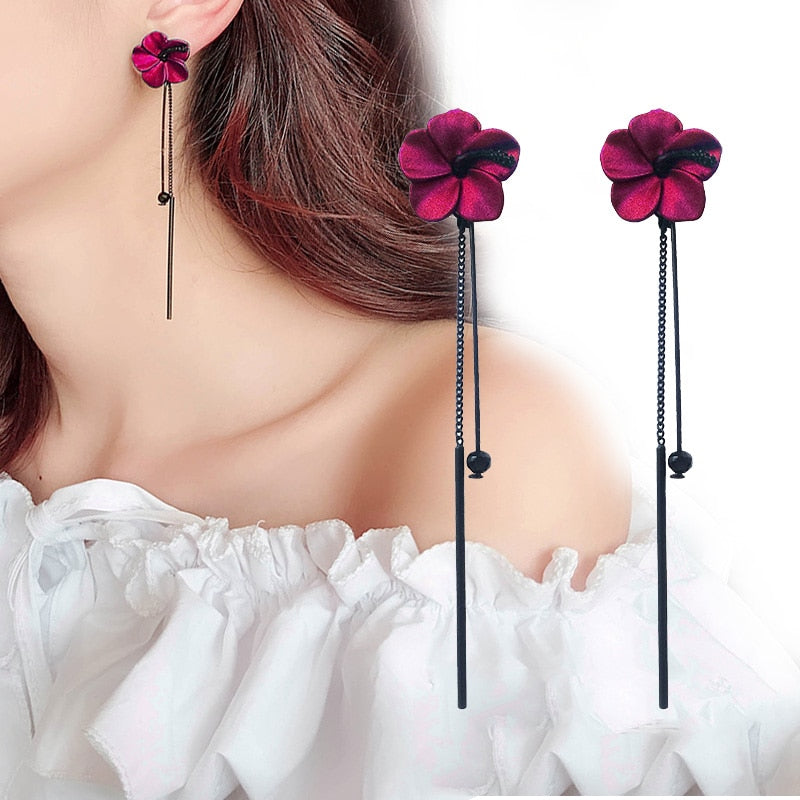 Retro Classic Wine Red Flowers Tassel Earrings For Women Temperament Long Pendant Ear Nail Korean Style Jewelry