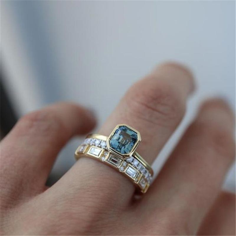 3pcs Trendy Acid Blue Crystal Rings Set for Women Yellow Gold Color Female Wedding Rings Jewelry Accessories Gifts Wholesale