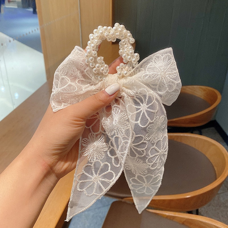 Korea Long Ribbon Pearls Hair Bands Bow Hair Scrunchies For Women Girls Summer Floral Print Pontail Hair Ties Hair Accessories