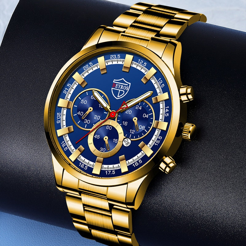 Fashion Mens Watches Luxury Men Sports Gold Stainless Steel Quartz Wrist Watch Man Business Casual Leather Watch часы мужские