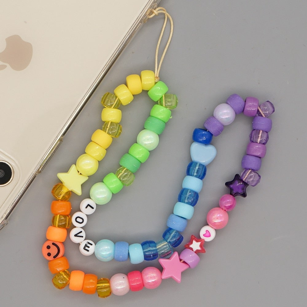 2022 Hot Cell Phone Chain Lanyard Beads Strap Colorful Chains For Mobile Star Charm Smiley Accessories Telephone Jewelry цепочка