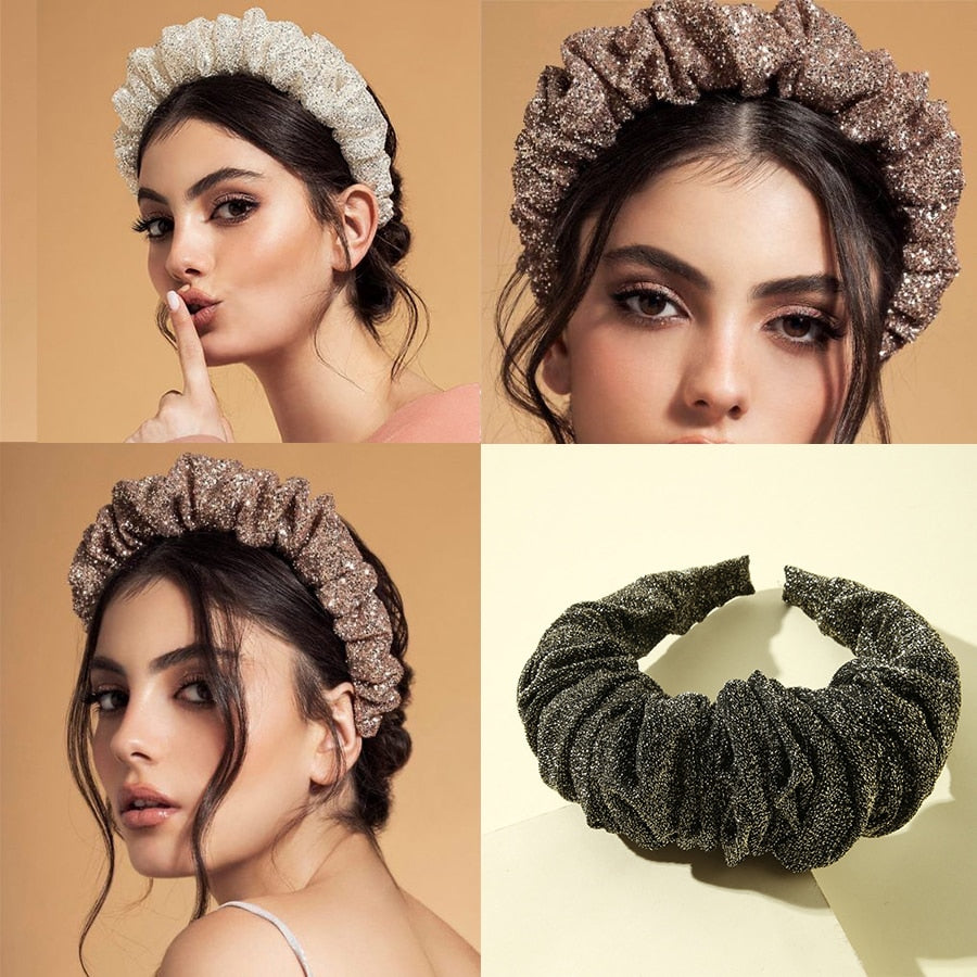 Bronzing Padded Hair Hoop New Bright Glitter Scrunchy Headband for Women Girls Volume Wave Fold Hairband  Wide Hair Accessories