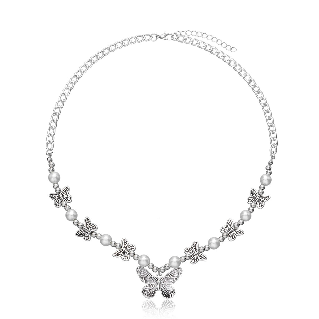 Antique Pearl Chain Necklace With Butterfly Pendant Charms Silvery Neck Jewelry For Women Party Gift Ideas
