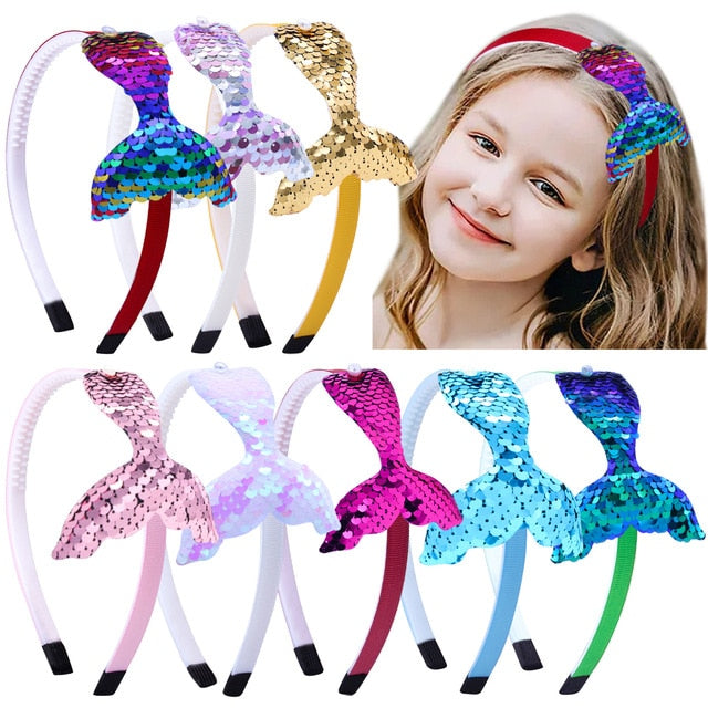 New Children&#39;s Sequined Hair Accessories Mermaid Tail Flip Fish Scale Pearl Headband Non-slip Handmade Headband Headwear
