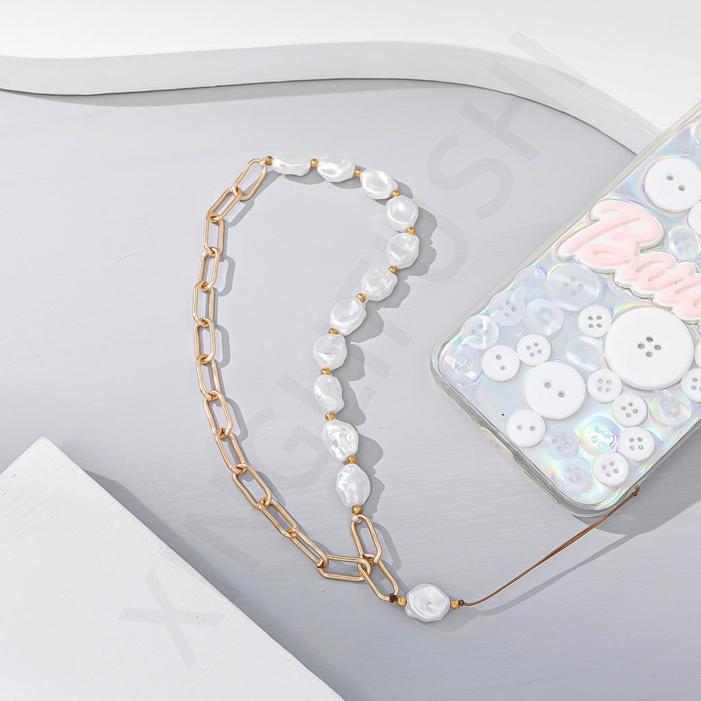 Personalized Bizarre Crushed Stone Flat Imitation Pearl Stitching Mobile Phone Decoration Chain Women Anti-Lost Lanyard Jewelry