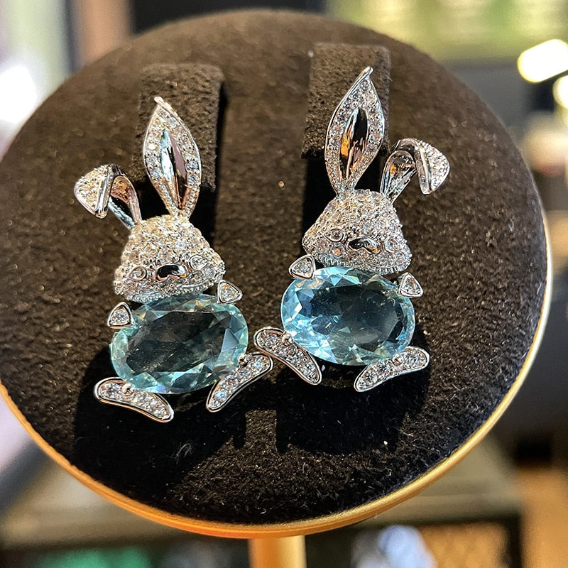 New S925 Silver Needle Cute Rabbit Ear Studs Micro encrusted Zircon Fashion Earring For Woman Animal Jewelry TZ021