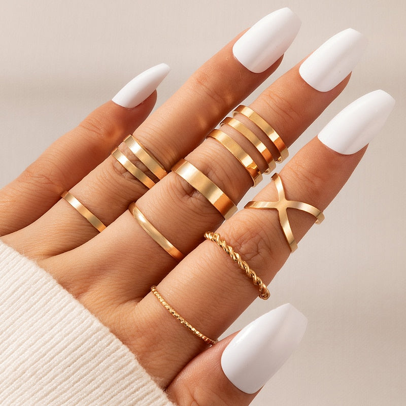 Tocona Bohemian Edgy Cross Moon Geometric Adjustable Gold Rings for Women Simple Open Joint Ring Set Party Jewelry кольца 10287