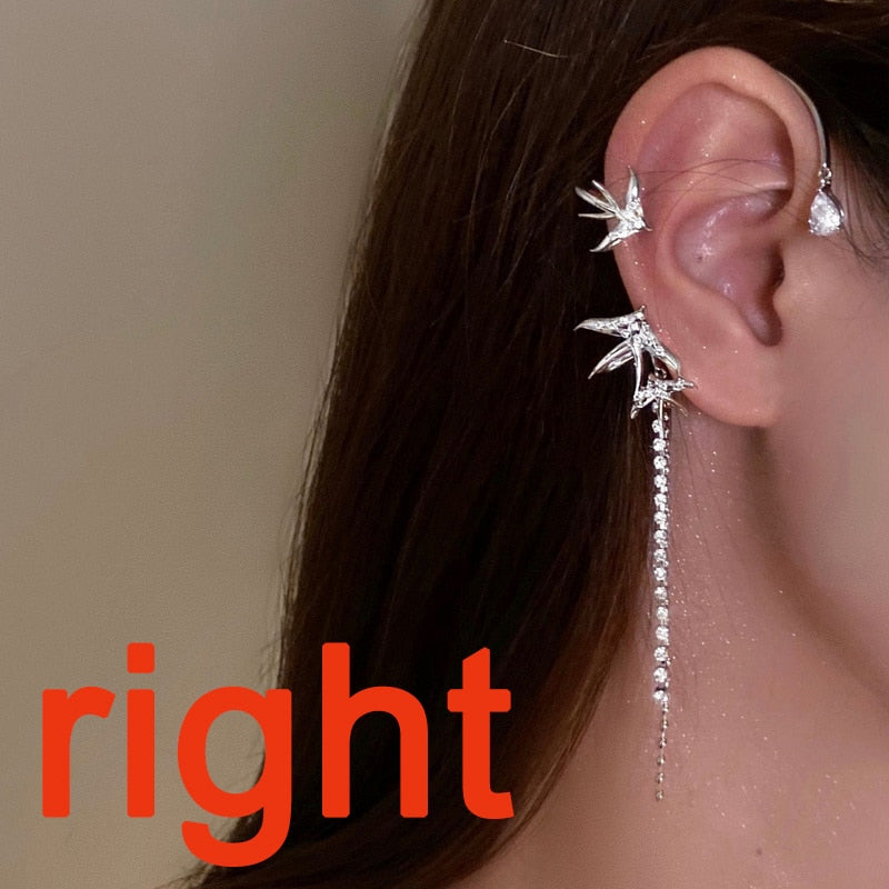 New Fashion Crystal Butterfly Clip Earring Pearl Bead Ear Cuff Long Tassel Charm Hollow Earrings For Women Girl Jewelry 1 Piece