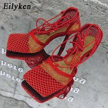 Load image into Gallery viewer, Eilyken 2022 New Sexy Yellow Mesh Pumps Sandals Female Square Toe High Heel Lace Up Cross-Tied Stiletto Hollow Dress Shoes