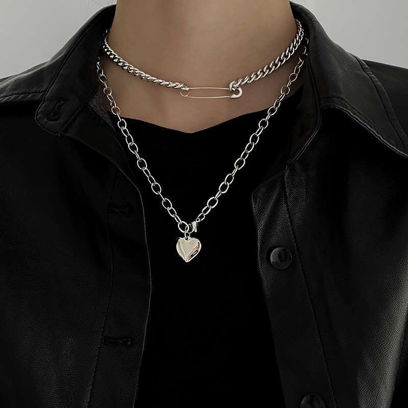 Punk Thick Lock Chain Heart Shape Pendant Short Choker Necklace For Women Retro INS Silver Color Metal Necklace Jewelry