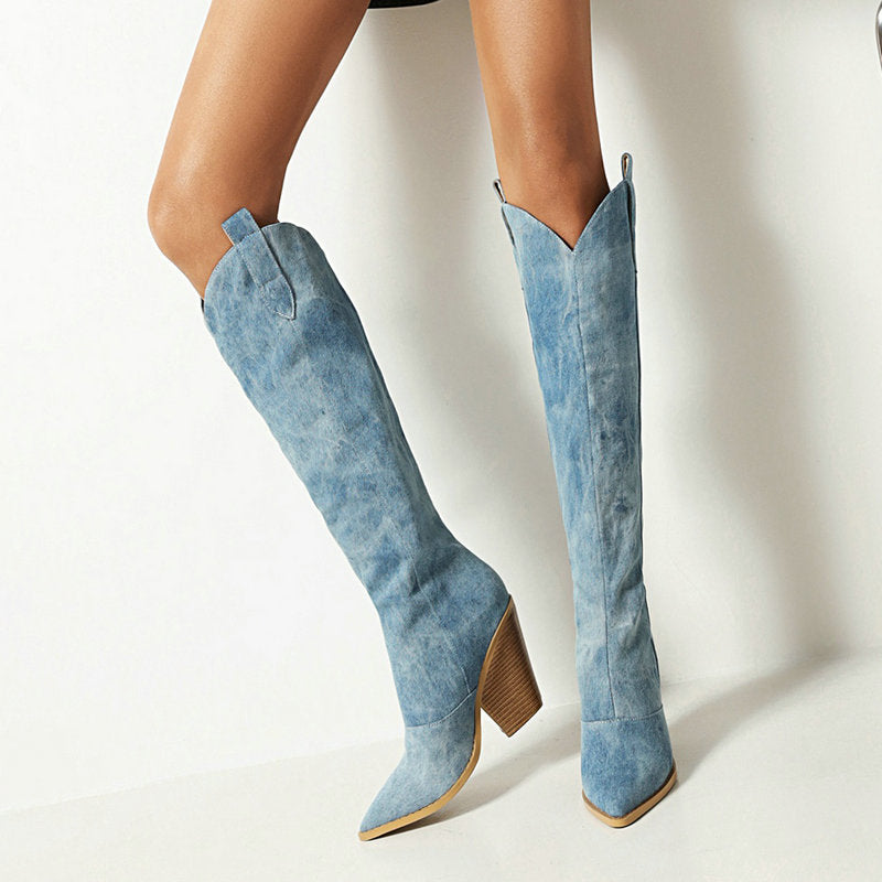 2022 Fashion Denim Western Women Knee High  Boots Wedges High Heel Cowboy Boots Slip On Autumn Winter Woman Shoes Big Size 34-43