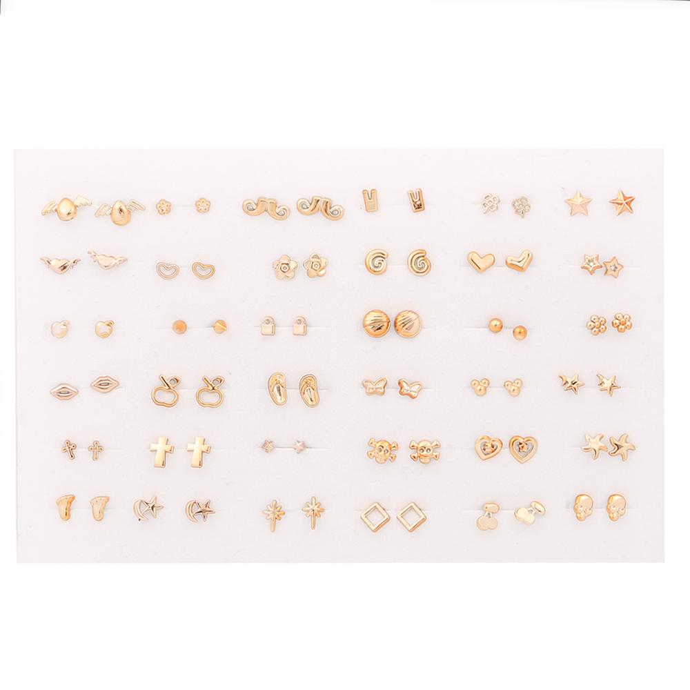 36 Pairs Randomly Mixed Style Women Anti Allergic Star Bow Love Heart Stud Earrings Set Gold Color Flower Plastic Small Earring