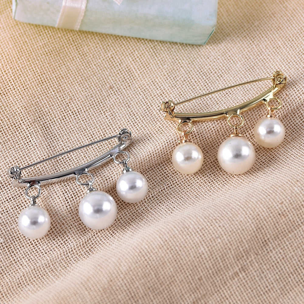 Fashion Pearl Fixed Strap Charm Safety Pin Brooch Sweater Cardigan Clip Chain Brooches Jewelry