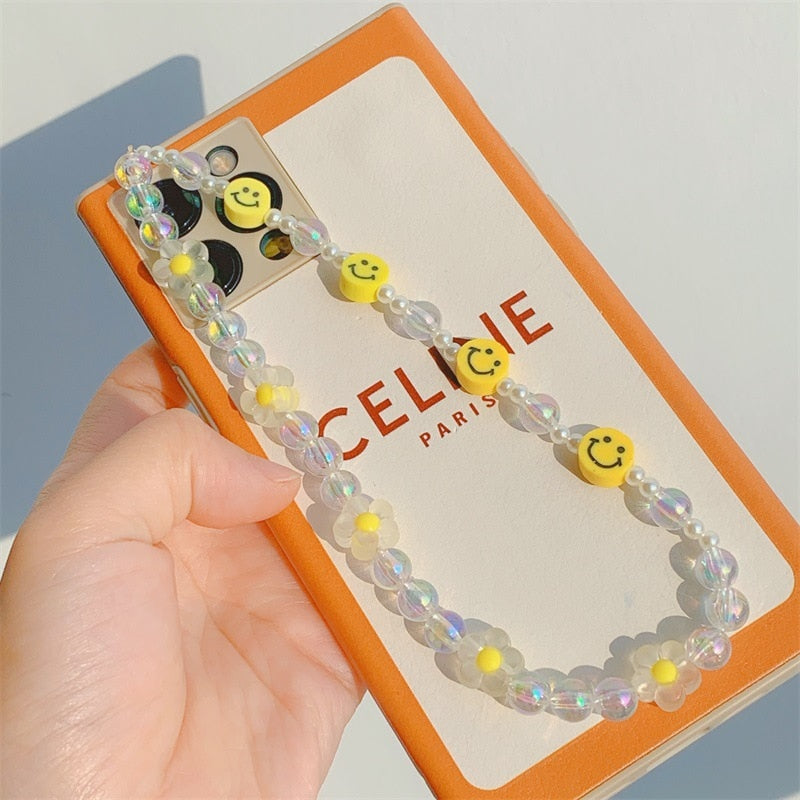 Simple Lovely Mobile Phone Anti-Lost Lanyard Yellow Soft Pottery Smiley Face Resin Beads Telephone Chain Women&#39;s Jewelry Gifts