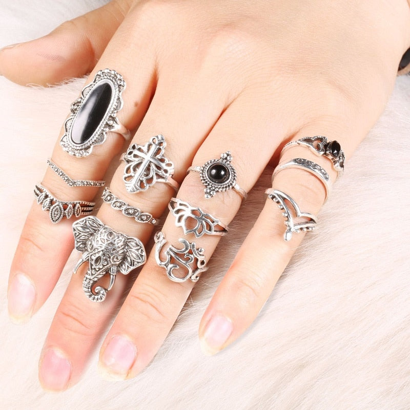 50Pcs/Lot Bohemia Vintage Silvery Rings for Women Men Mix Size Crown Elephant Butterfly Finger Ring Party Jewelry Gift Wholesale
