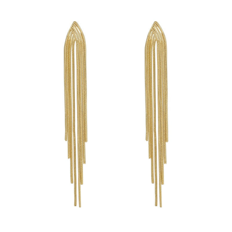 Vintage Gold Color Bar Long Thread Tassel Drop Earrings for Women Glossy Arc Geometric Korean Earring Fashion Jewelry 2022 New
