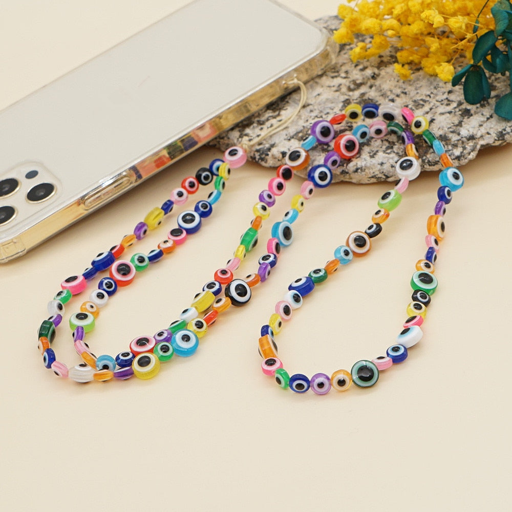 2022 Female Bohemian Acrylic Candy Color Eye Beads Long Mobile Phone Lanyard for Women Girls Handmade Jewelry Gifts