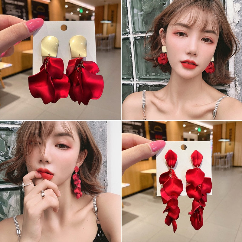 Flower Long Dangle Drop Earrings for Women Wedding Bridal Party White Red Big Petal Korean Earrings Statement Jewelry