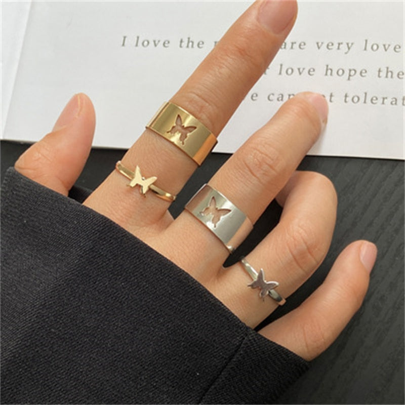 Silver Color Butterfly Rings For Women Men Lover Couple Ring Set Friendship Engagement Wedding Band Open Ring 2022 Trend Jewelry