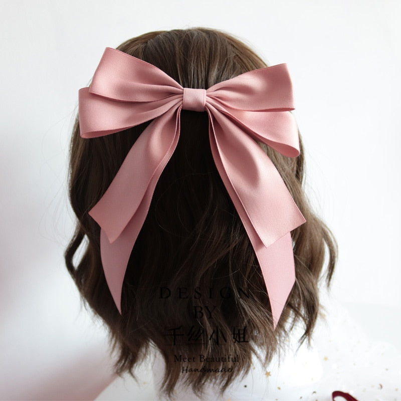 Korea Cute Long Ribbon Bow Hairpin for Women Girls Hairclip Bangs Hairgrips Cute Back Head Top Clip Hair Accessories