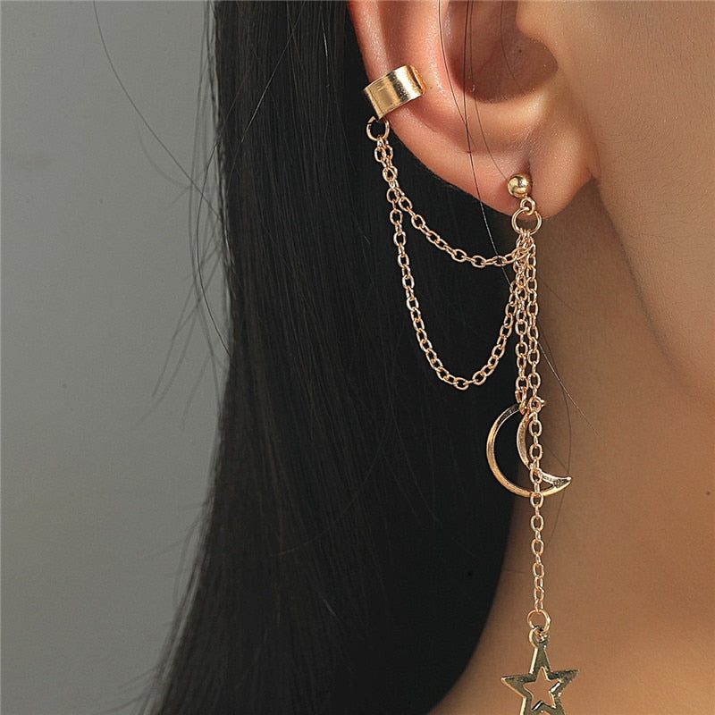 1PC 2022 New Fashion Gold Color Moon Star Clip Earrings For Women Simple Fake Cartilage Long Tassel Ear Cuff Jewelry Gift
