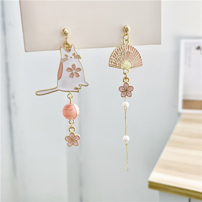Chinese Style Folding Fan Crane Carp Lotus Asymmetrical Long Tassel Dangle National Style Earrings for Women Jewelry Gift
