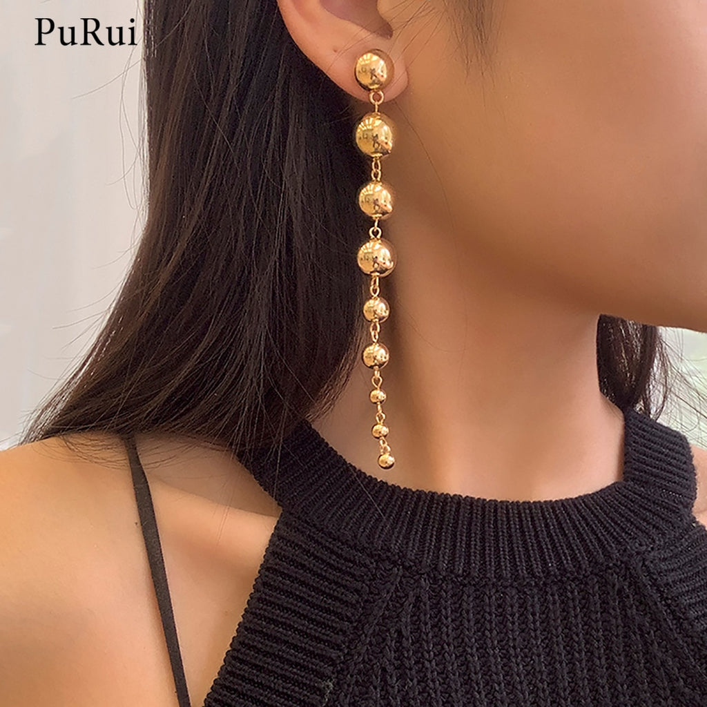 PuRui CCB Material Beads Drop Earrings for Women Fashion Gold Color Irregular Bead Long Dangle Earrings Trendy Jewelry Gift