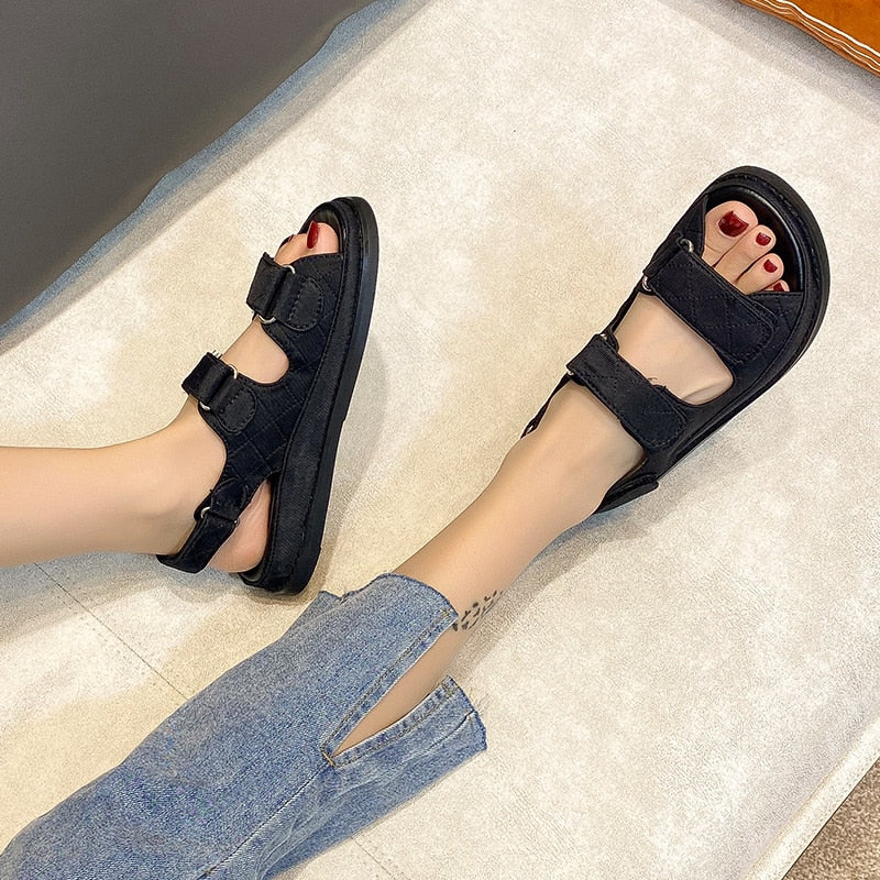 TUINANLE Denim Blue Sandals Women 2022 New Summer Ladies Black Soft PU Leather Sandals Hook&amp;Loop Shoes Comfortable Flat Sandals