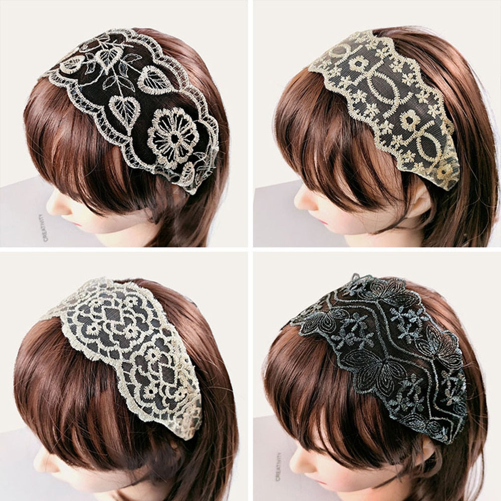 Women Retro Fashion Headband Lace Embroidery Flowers Headband Jacquard Wide-brimmed Floral Hairband Headgear Accessories