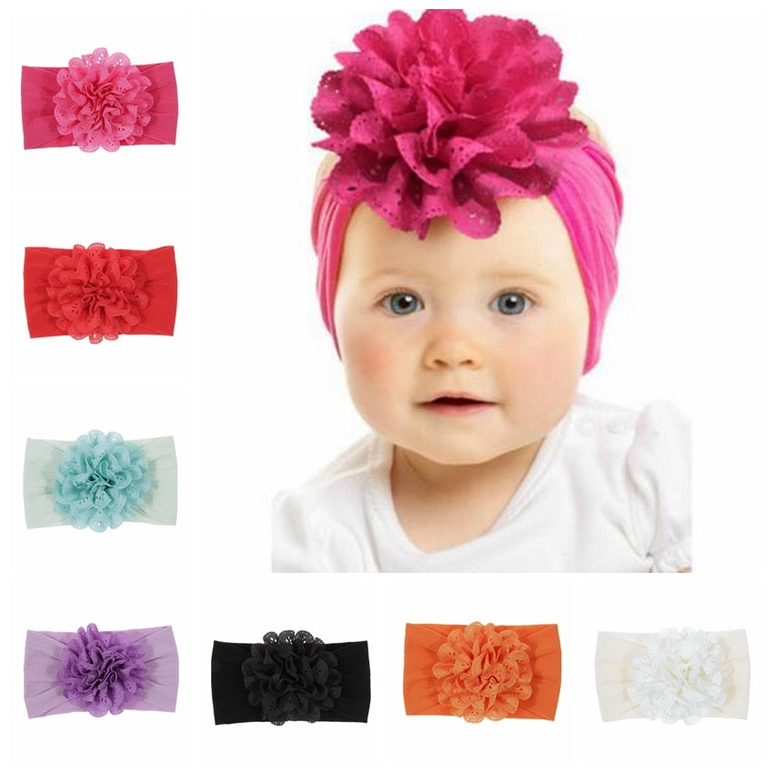 New Soft Stretch Eyelet Fabric Flower Baby Headband Newborn Knot Wide Nylon Headwraps Turban Girls Headwear Kids Photo Props
