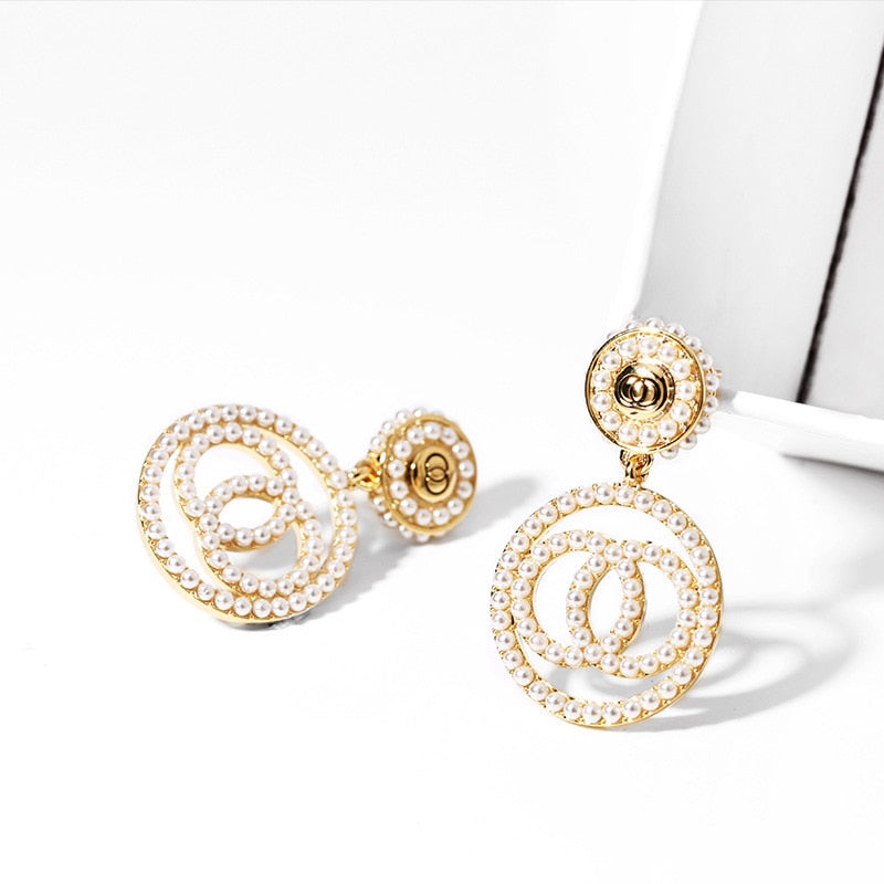 Luxury Brand Gold Color Star Earrings for Women 2022 New Fashion Crystal Pearl Geometric Dangle Earrings Female Wedding Jewelry