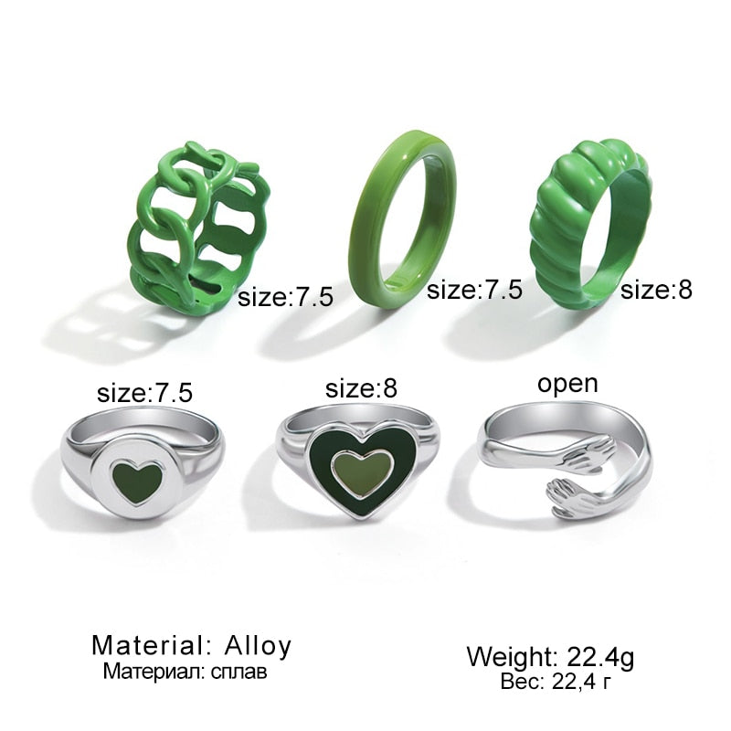 Vintage 6Pcs Green Embrace Hands Rings Set For Women Metal Paint Coating Creative INS Style Love Heart Ring Fashion Jewelry