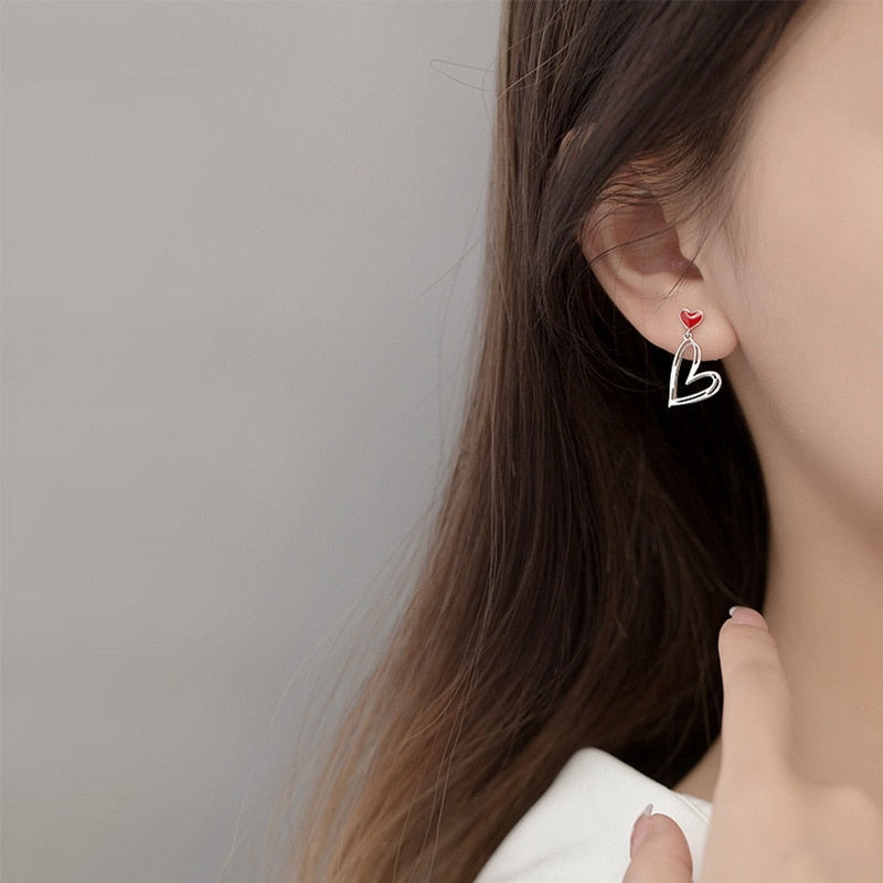 Korean New Asymmetric Red Heart Stud Earrings For Women Creative Hollow ECG Tassel Zircon Pearl Earrings Girl Party Jewelry Gift