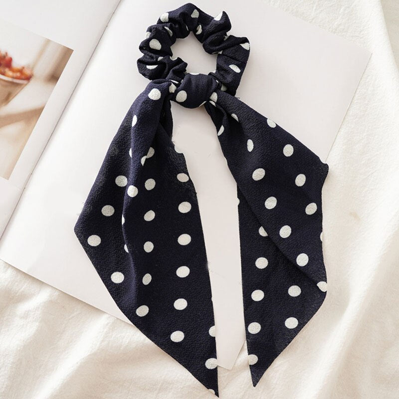 Fashion Dot Printed Ponytail Scarf Elastic Hair Bands For Women Hair Bow Ties Scrunchies Hair Bands Flower Ribbon Hairbands