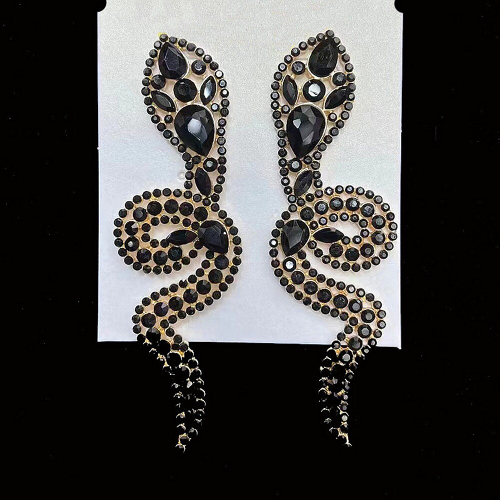 Exaggerated Black Rhinestone Big Snake Long Drop Earrings Jewrly for Women Luxury Crystal Animal Statement Dangle Earings Gift