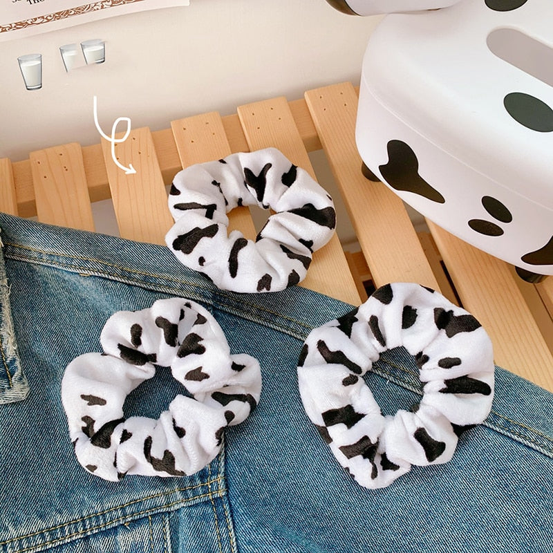 Winter Cow Color Hair Rope Women Velvet Scrunchie Rubber Band Soft Warm Elastic Hair Bands Christmas Gifts Hair Accessories