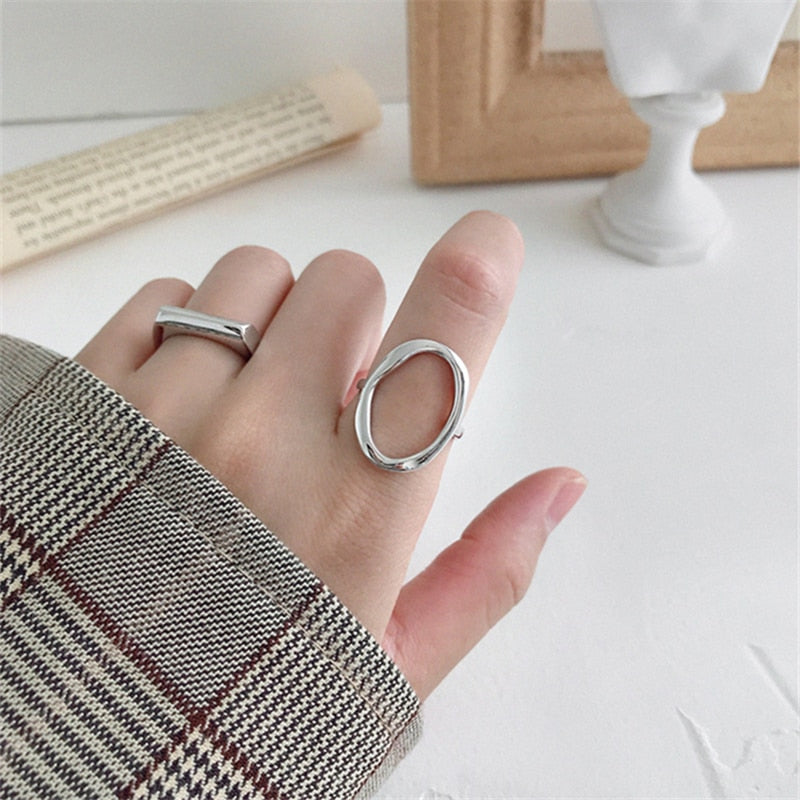 HUANZHI 2022 New Trendy personality Simple Irregular Geometric Oval Hollow Out  Opening Ring For Women Girls Party Jewelry Gift