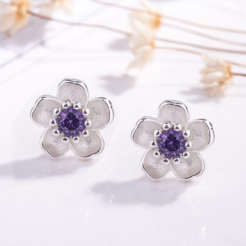 QMCOCO Silver Color Handmade Flower Crystal Stud Earrings For Women Multi-Color Charm Zircon Small Ear Hoops Jewelry