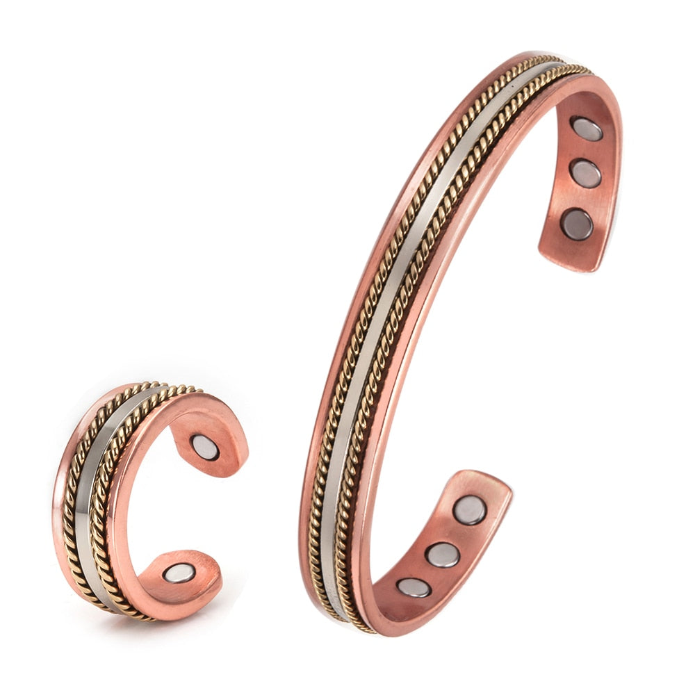 Jewelry-Set Magnetic Copper Bracelet Ring Healing Energy Jewelry Sets for Women Rose Gold Adjustable Cuff Ring Bracelets Bangles