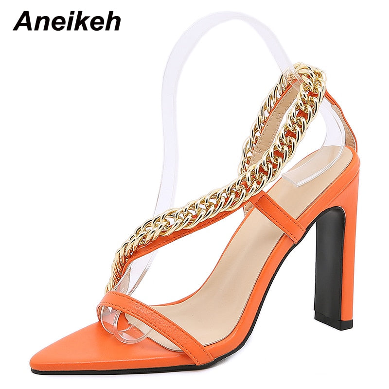 Aneikeh Summer Fashion PU Metal Chain Women&#39;s High Sandals 2022 NEW Sewing Platform Heigh Square Heels Buckle Strap Shallow Sexy