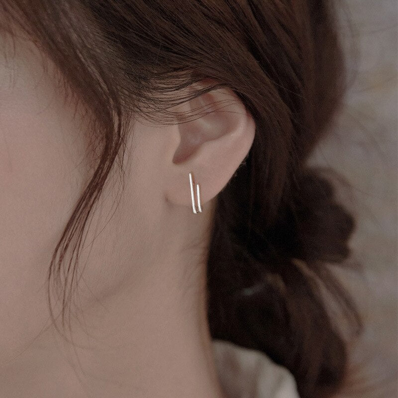 LIVVY Silver Color New Double-layer Line Stud Earrings Female Simple Creative Fashion Temperament  Jewelry Accessories