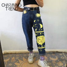 Load image into Gallery viewer, Fashion Sun Star Printed Pants Jeans Women Autumn Black High Waist Young Girls Chic Denim Trousers Woman Cool Boyfriends Jeans