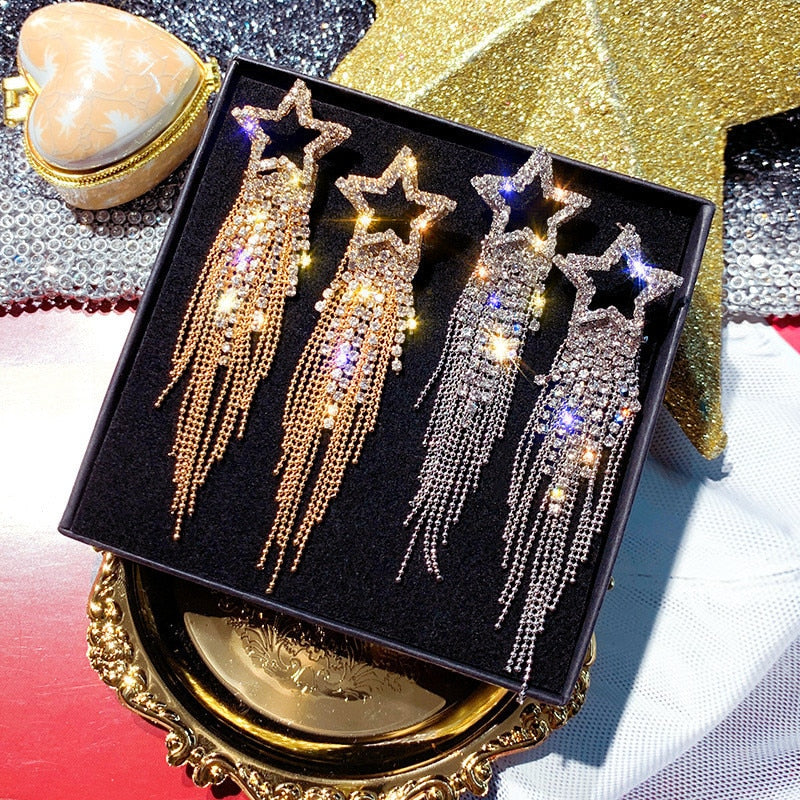 FYUAN Fashion Long Tassel Crystal Earrings for Women 2022 Bijoux Luxury Shiny Gold Color Star Dangle Earrings Jewelry Gifts