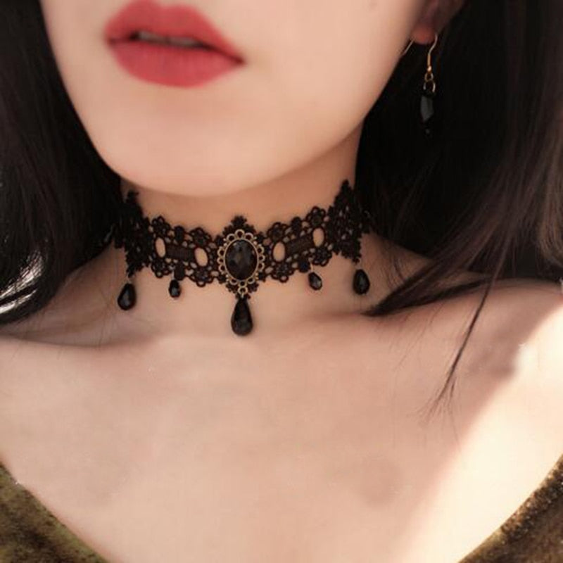2022 fashion Gothic Victorian Crystal Tassel Tattoo Choker Necklace Black Lace Choker Collar Vintage Women Wedding Jewelry