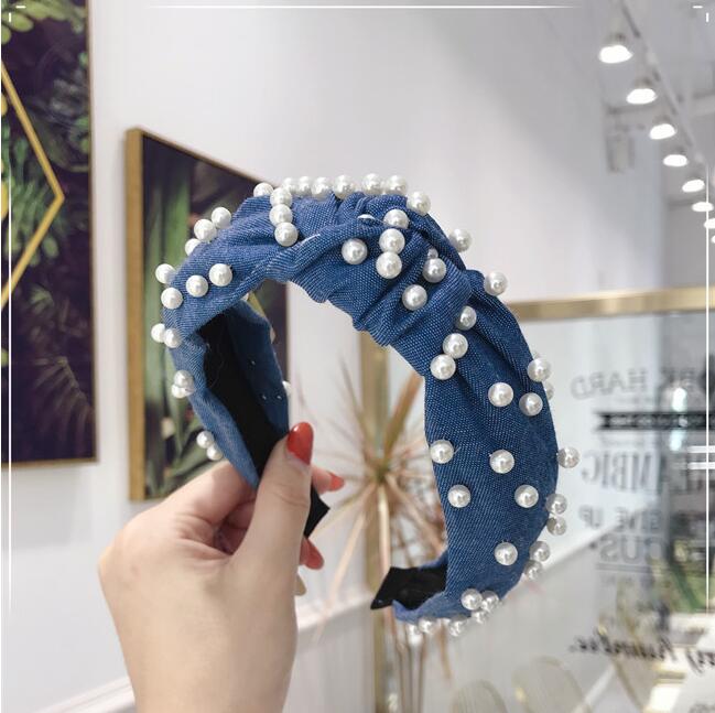 New Fashion Girls Headband Pearls Hairband Center Knot Hair Hoop Blue Denim Cloth Headwear Soft Hair Accessories