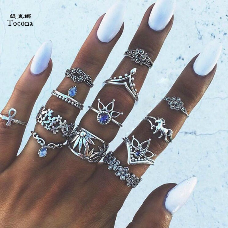 Tocona 13pcs/Set Bohemia Antique Silver Color Crown Flower Unicorn Carved Rings Sets Knuckle Rings for Women Jewelry 4841