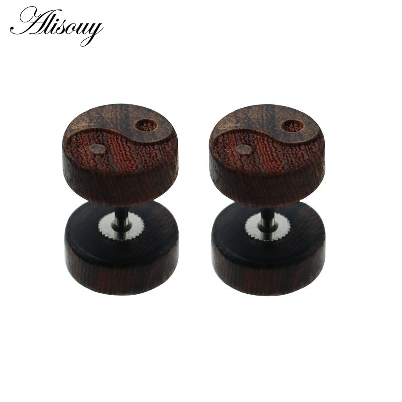 Alisouy 2PC Fashion Wooden Ear Studs Earrings Natural Brown Black 8 10 12mm Punk Barbell Fake Ear Plugs Brincos For Men Women