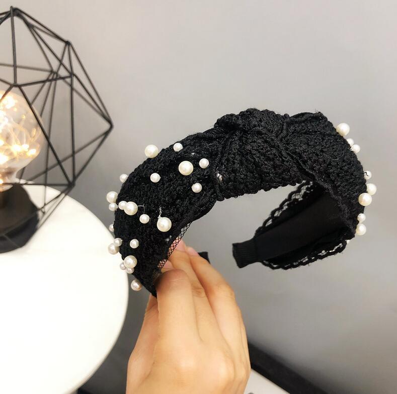 Fashion Girls Pearl Hairband White Black Lace Headband Women Artificial Pearls Hair Hoop Middle Knot Hair Accessories Wholesale